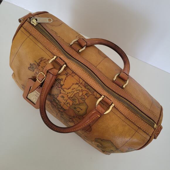 Alviero Martini Vintage Duffle Boston Bag Purse Map Pattern Leather Brown Large - Picture 10 of 16